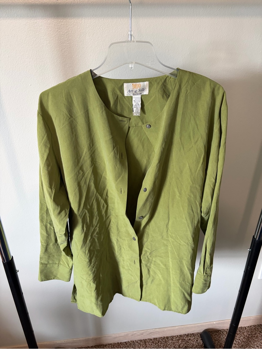 Vintage 100% Silk Super Soft Olive Green Button-Down Women's Shirt